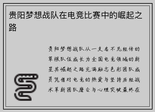 贵阳梦想战队在电竞比赛中的崛起之路