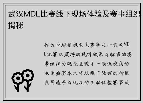 武汉MDL比赛线下现场体验及赛事组织揭秘